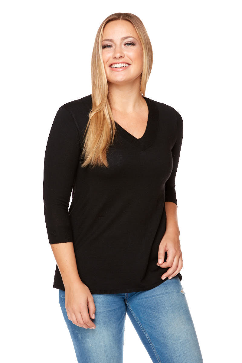HELENA  V- Neck High Low Sweater Elbow Sleeves