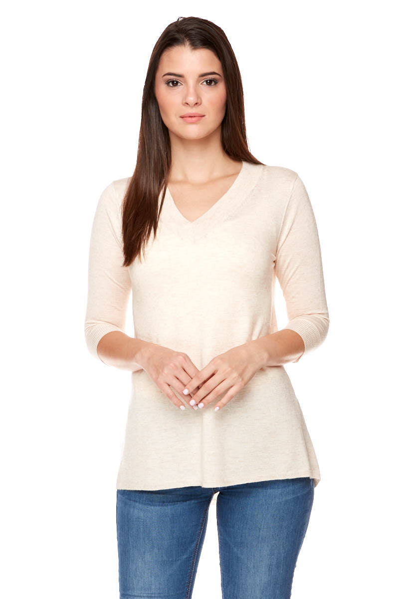 HELENA  V- Neck High Low Sweater Elbow Sleeves